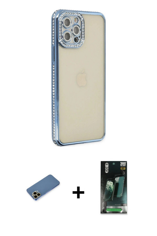 ieg™ iPhone 12 Pro Kılıf Yörünge Koleksiyonu - Şeffaf 360 Full Body Arka Koruyucu + Gold Shine Kamer