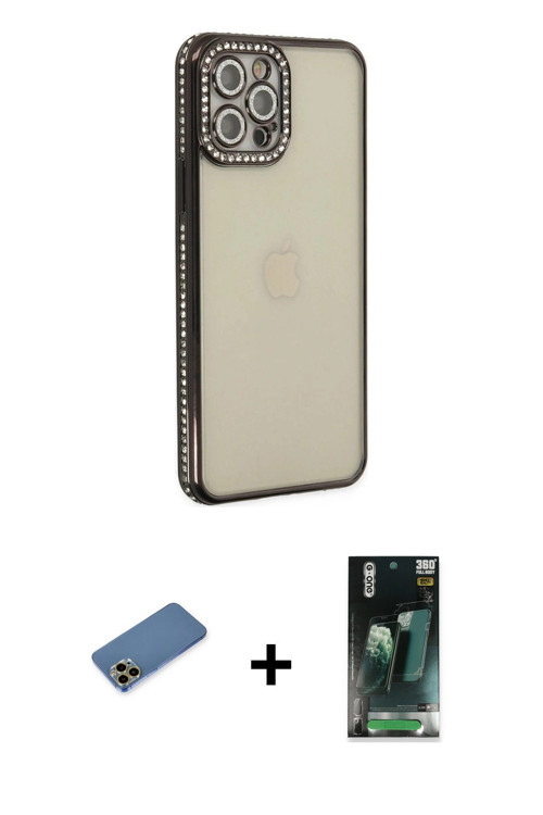 ieg™ iPhone 12 Pro Kılıf Yörünge Koleksiyonu - Şeffaf 360 Full Body Arka Koruyucu + Gold Shine Kamer