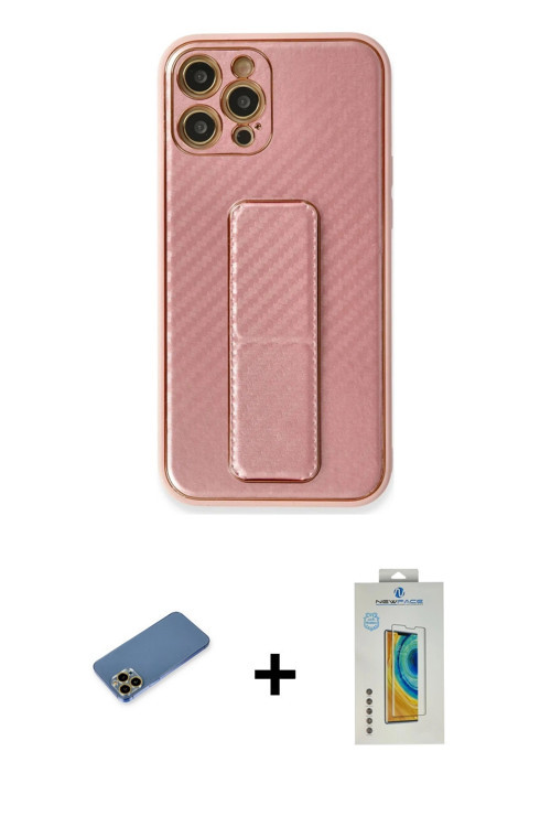 ieg™ iPhone 12 Pro Kılıf Yörünge Yansıma - Siyah Polymer Nano Ekran Koruyucu + Gold Shine Kamera Len