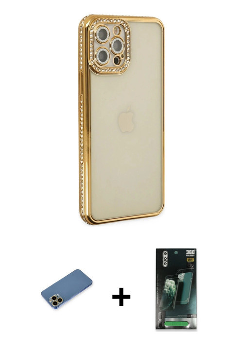 ieg™ iPhone 12 Pro Kılıf Yörünge Koleksiyonu - Şeffaf 360 Full Body Arka Koruyucu + Gold Shine Kamer