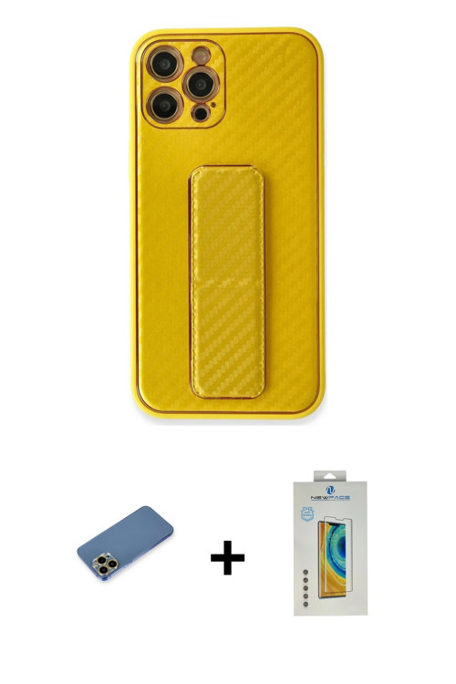 ieg™ iPhone 12 Pro Kılıf Yörünge Yansıma - Siyah Polymer Nano Ekran Koruyucu + Gold Shine Kamera Len
