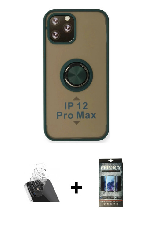 ieg™ iPhone 12 Pro Kılıf Yörünge Çizgi - Siyah 34D Hayalet Izgaralı Cam + Şeffaf Kamera Lens Koruma