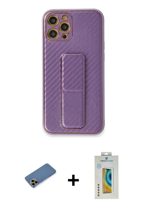 ieg™ iPhone 12 Pro Kılıf Yörünge Yansıma - Siyah Polymer Nano Ekran Koruyucu + Gold Shine Kamera Len