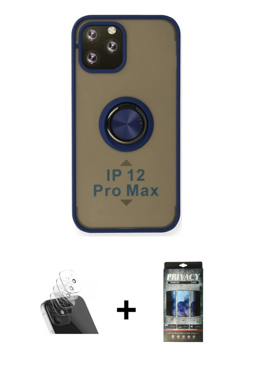 ieg™ iPhone 12 Pro Kılıf Yörünge Çizgi - Siyah 34D Hayalet Izgaralı Cam + Şeffaf Kamera Lens Koruma