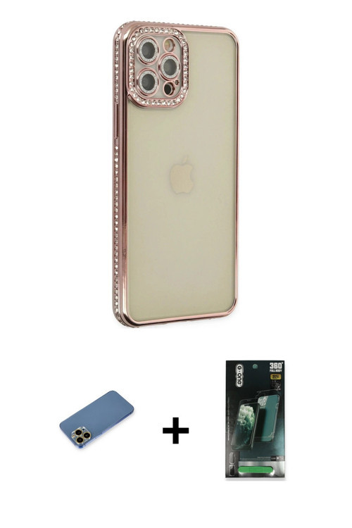 ieg™ iPhone 12 Pro Kılıf Yörünge Koleksiyonu - Şeffaf 360 Full Body Arka Koruyucu + Gold Shine Kamer