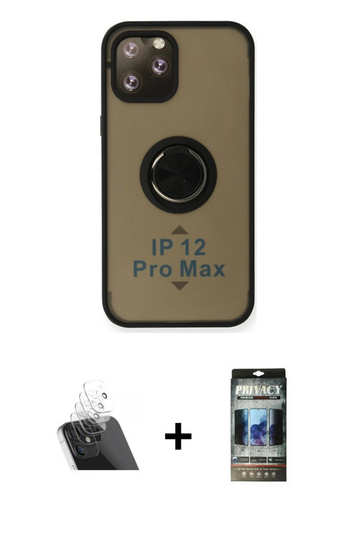 ieg™ iPhone 12 Pro Kılıf Yörünge Çizgi - Siyah 34D Hayalet Izgaralı Cam + Şeffaf Kamera Lens Koruma