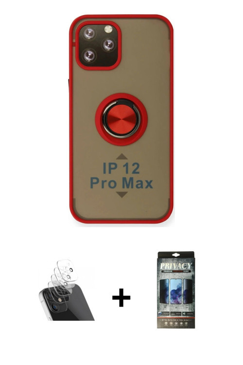 ieg™ iPhone 12 Pro Kılıf Yörünge Çizgi - Siyah 34D Hayalet Izgaralı Cam + Şeffaf Kamera Lens Koruma