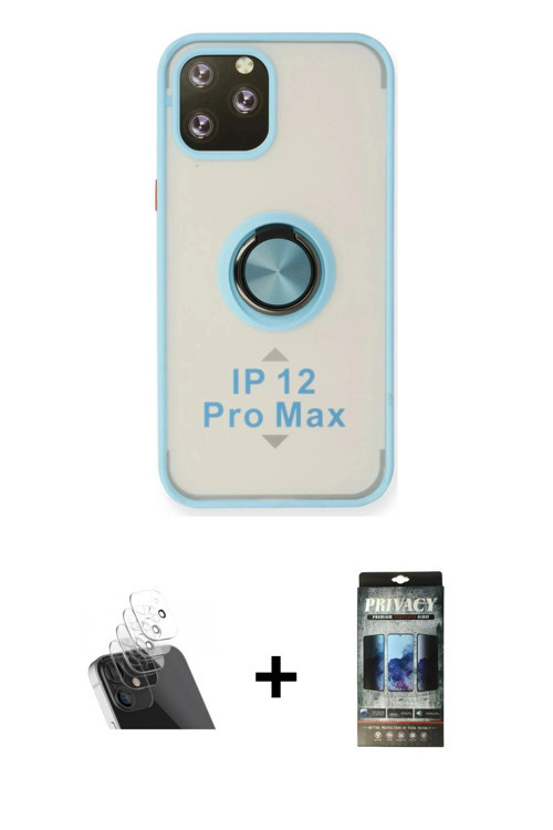 ieg™ iPhone 12 Pro Kılıf Yörünge Çizgi - Siyah 34D Hayalet Izgaralı Cam + Şeffaf Kamera Lens Koruma