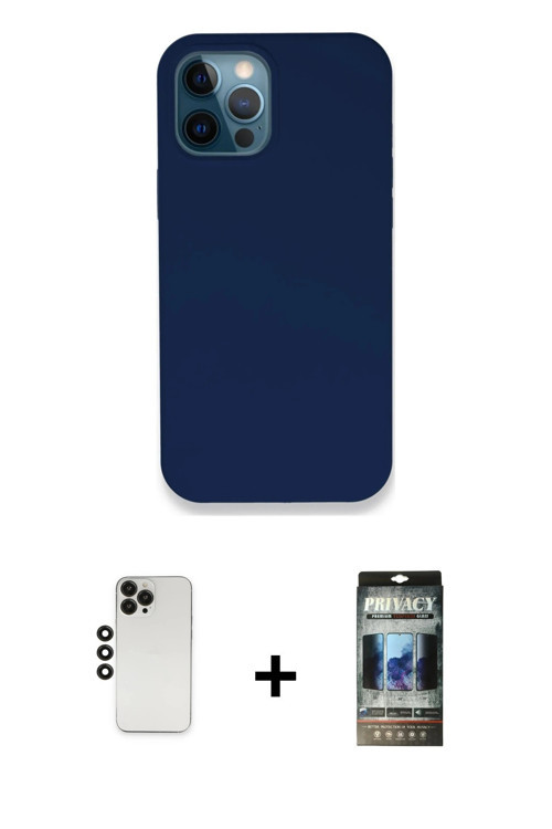 ieg™ iPhone 12 Pro Kılıf Zirve Modern Özel Seri - Siyah 34D Hayalet Izgaralı Cam + Siyah Shine Kamer
