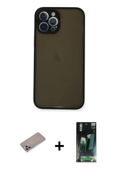 ieg™ iPhone 12 Pro Max Kılıf Ahenk Çizgi Serisi - Siyah 360 Mat Full Body Arka Koruyucu + Sierra Blu