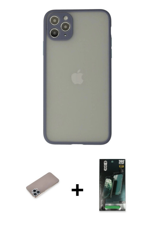 ieg™ iPhone 12 Pro Max Kılıf Ahenk Çizgi Serisi - Siyah 360 Mat Full Body Arka Koruyucu + Sierra Blu