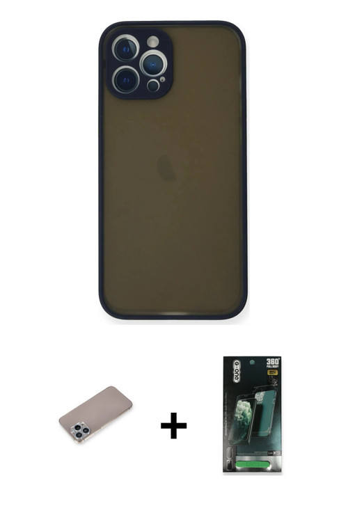 ieg™ iPhone 12 Pro Max Kılıf Ahenk Çizgi Serisi - Siyah 360 Mat Full Body Arka Koruyucu + Sierra Blu