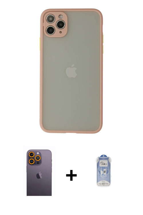 ieg™ iPhone 12 Pro Max Kılıf Ahenk Çizgi Serisi - Siyah Joko Magic 5D Cam + Sarı Neon Fosforlu Kamer