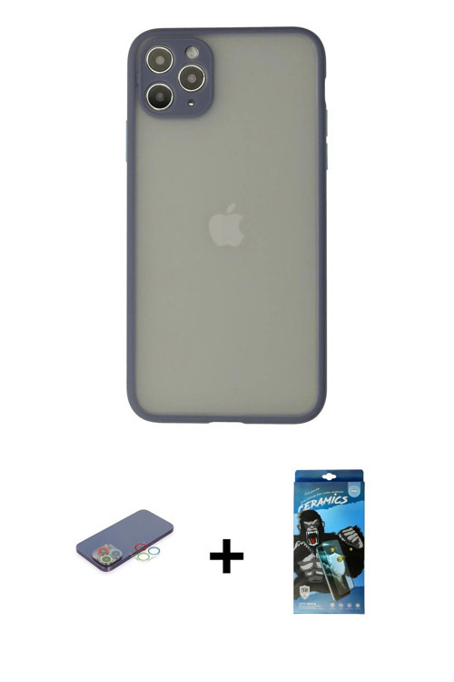 ieg™ iPhone 12 Pro Max Kılıf Ahenk Çizgi Serisi - Siyah 34D Izgaralı Cam + Mavi Renkli Kamera Lens K