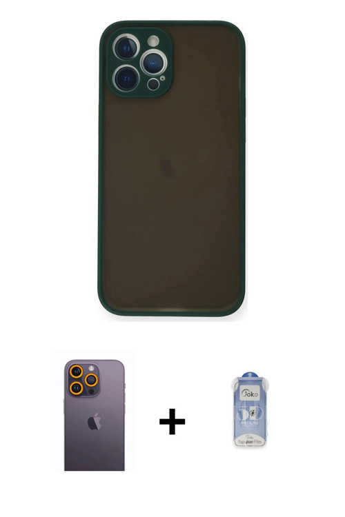 ieg™ iPhone 12 Pro Max Kılıf Ahenk Çizgi Serisi - Siyah Joko Magic 5D Cam + Sarı Neon Fosforlu Kamer