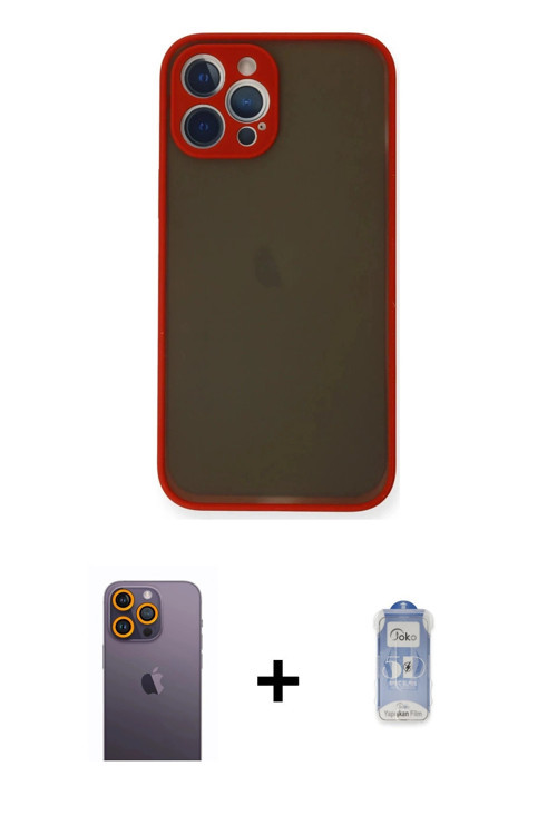 ieg™ iPhone 12 Pro Max Kılıf Ahenk Çizgi Serisi - Siyah Joko Magic 5D Cam + Sarı Neon Fosforlu Kamer