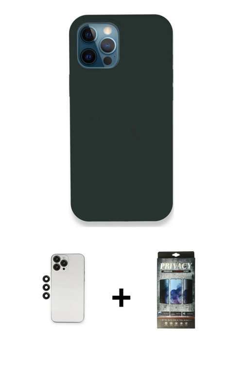 ieg™ iPhone 12 Pro Kılıf Zirve Modern Özel Seri - Siyah 34D Hayalet Izgaralı Cam + Siyah Shine Kamer