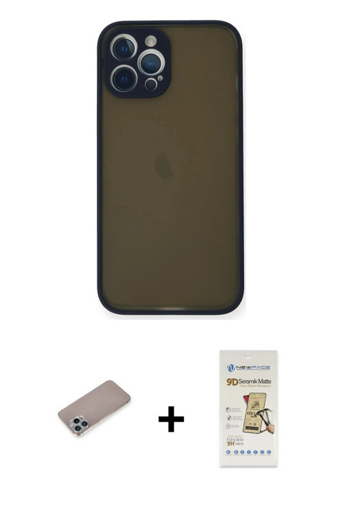 ieg™ iPhone 12 Pro Max Kılıf Ahenk Çizgi Serisi - Siyah Mat Seramik Nano Ekran Koruyucu + Sierra Blu