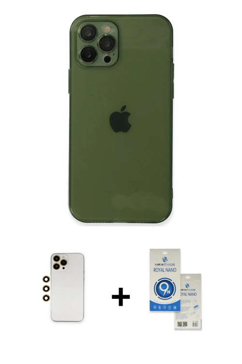 ieg™ iPhone 12 Pro Max Kılıf Ahenk Doku - Şeffaf Royal Nano Ekran Koruyucu + Gold Shine Kamera Lens