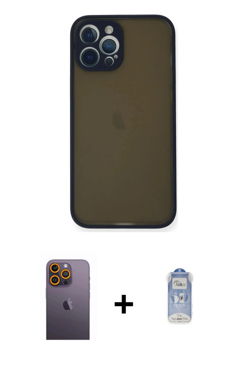 ieg™ iPhone 12 Pro Max Kılıf Ahenk Çizgi Serisi - Siyah Joko Magic 5D Cam + Sarı Neon Fosforlu Kamer