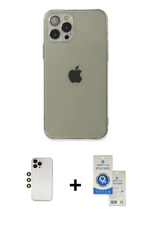 ieg™ iPhone 12 Pro Max Kılıf Ahenk Doku - Şeffaf Royal Nano Ekran Koruyucu + Gold Shine Kamera Lens
