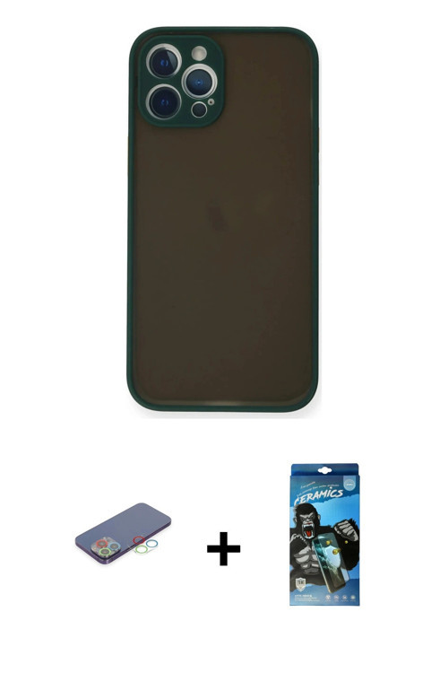 ieg™ iPhone 12 Pro Max Kılıf Ahenk Çizgi Serisi - Siyah 34D Izgaralı Cam + Mavi Renkli Kamera Lens K