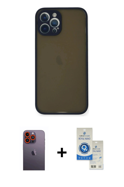ieg™ iPhone 12 Pro Max Kılıf Ahenk Çizgi Serisi - Şeffaf Royal Nano Ekran Koruyucu + Turuncu Neon Fo