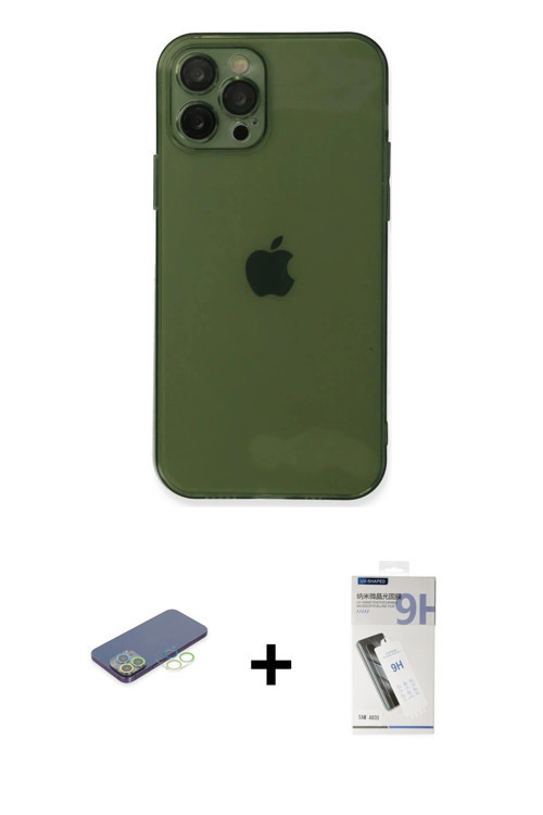 ieg™ iPhone 12 Pro Max Kılıf Ahenk Doku - Şeffaf Uv Polymer Nano Ekran Koruyucu + Yeşil Renkli Kamer