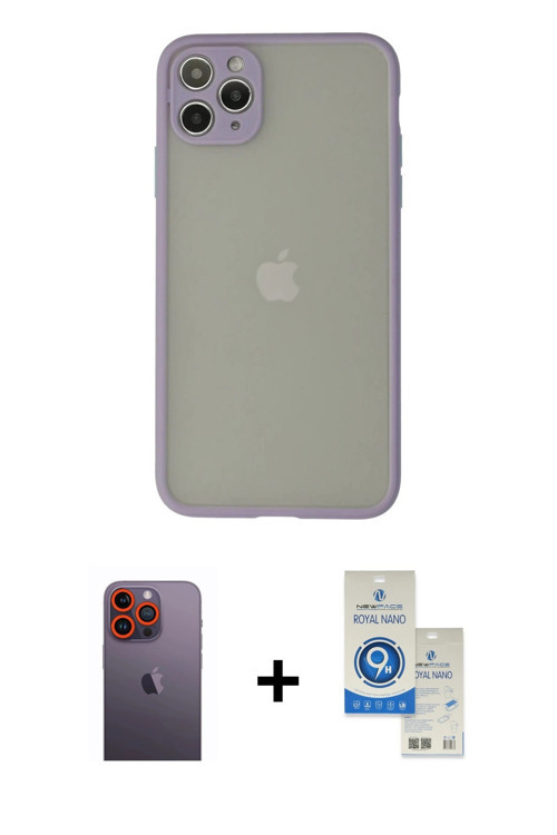 ieg™ iPhone 12 Pro Max Kılıf Ahenk Çizgi Serisi - Şeffaf Royal Nano Ekran Koruyucu + Turuncu Neon Fo