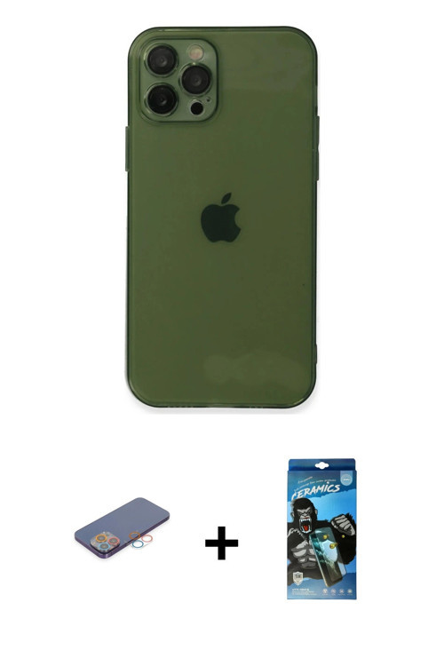 ieg™ iPhone 12 Pro Max Kılıf Ahenk Doku - Siyah 34D Izgaralı Cam + Pembe Renkli Kamera Lens Koruma C