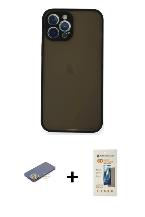 ieg™ iPhone 12 Pro Max Kılıf Ahenk Çizgi Serisi - Siyah 6D Mat Seramik Hayalet Nano Ekran Koruyucu +