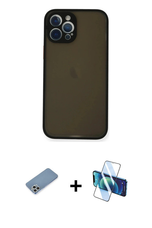 iPhone 12 Pro Max Kılıf Ahenk Çizgi Serisi - Siyah 3D Antistatik Seramik Nano Ekran Koruyucu +