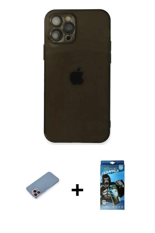 ieg™ iPhone 12 Pro Max Kılıf Ahenk Doku - Siyah 34D Izgaralı Cam + Pembe Shine Kamera Lens Koruma Ca