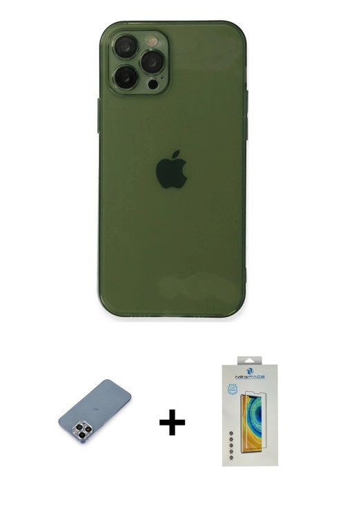 ieg™ iPhone 12 Pro Max Kılıf Ahenk Doku - Siyah Polymer Nano Ekran Koruyucu + Gümüş Metal Kamera Len