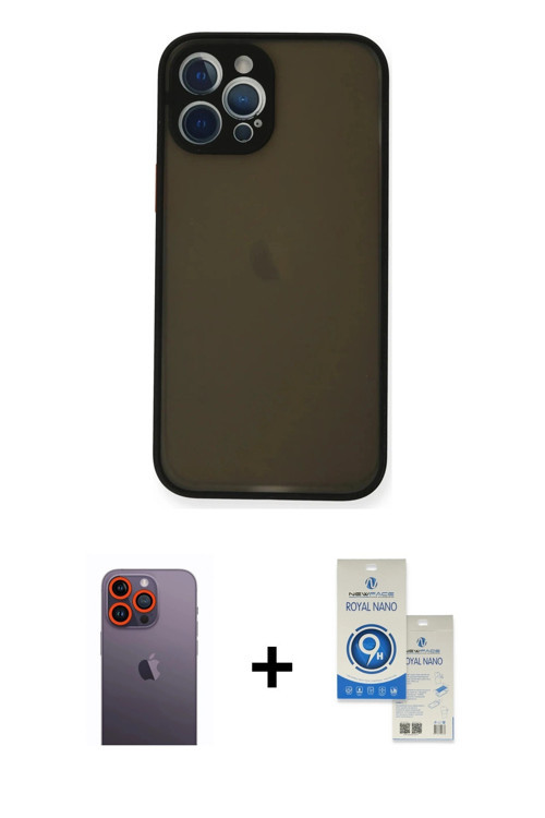 ieg™ iPhone 12 Pro Max Kılıf Ahenk Çizgi Serisi - Şeffaf Royal Nano Ekran Koruyucu + Turuncu Neon Fo