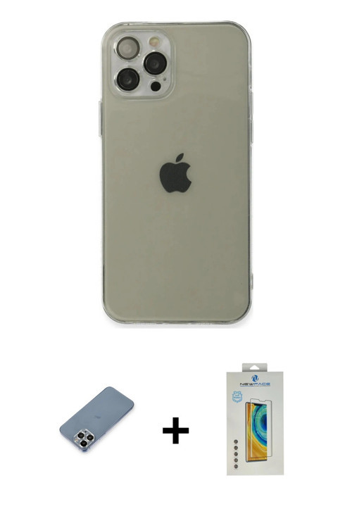 ieg™ iPhone 12 Pro Max Kılıf Ahenk Doku - Siyah Polymer Nano Ekran Koruyucu + Gümüş Metal Kamera Len