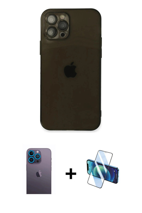 ieg™ iPhone 12 Pro Max Kılıf Ahenk Doku - Siyah 3D Antistatik Cam Ekran Koruyucu + Mavi Neon Fosforl