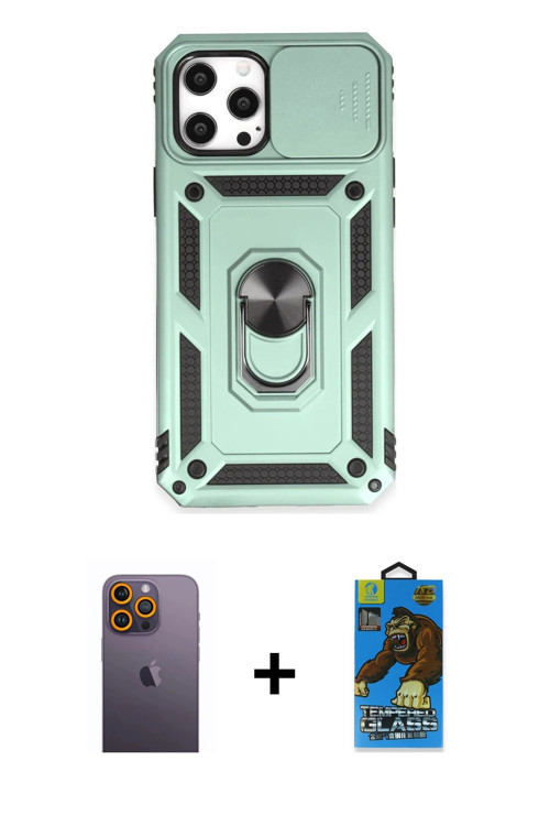 ieg™ iPhone 12 Pro Max Kılıf Ahenk Klasik - Siyah 18D Cam Ekran Koruyucu + Sarı Neon Fosforlu Kamera