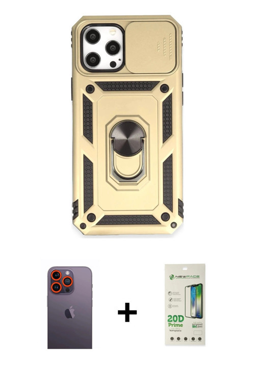 ieg™ iPhone 12 Pro Max Kılıf Ahenk Klasik - Siyah 20D Premium Cam Ekran Koruyucu + Turuncu Neon Fosf