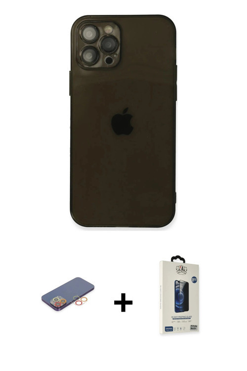ieg™ iPhone 12 Pro Max Kılıf Ahenk Doku - Siyah Bilvis Hayalet Cam Ekran Koruyucu + Turuncu Renkli K