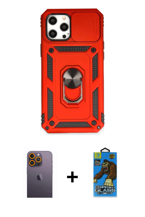ieg™ iPhone 12 Pro Max Kılıf Ahenk Klasik - Siyah 18D Cam Ekran Koruyucu + Sarı Neon Fosforlu Kamera