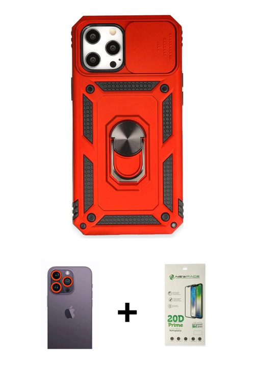 ieg™ iPhone 12 Pro Max Kılıf Ahenk Klasik - Siyah 20D Premium Cam Ekran Koruyucu + Turuncu Neon Fosf