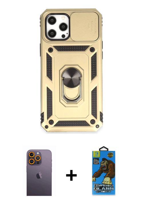 ieg™ iPhone 12 Pro Max Kılıf Ahenk Klasik - Siyah 18D Cam Ekran Koruyucu + Sarı Neon Fosforlu Kamera
