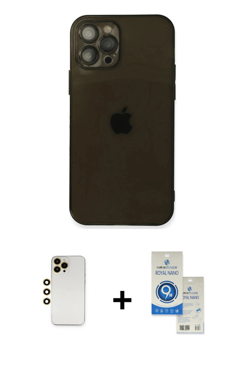 ieg™ iPhone 12 Pro Max Kılıf Ahenk Doku - Şeffaf Royal Nano Ekran Koruyucu + Gold Shine Kamera Lens