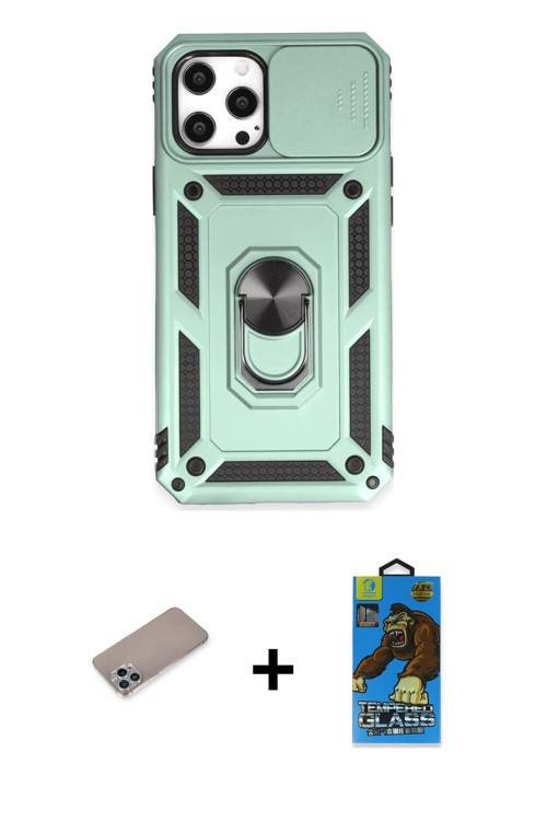 ieg™ iPhone 12 Pro Max Kılıf Ahenk Klasik - Siyah 18D Cam Ekran Koruyucu + Sierra Blue Shine Kamera