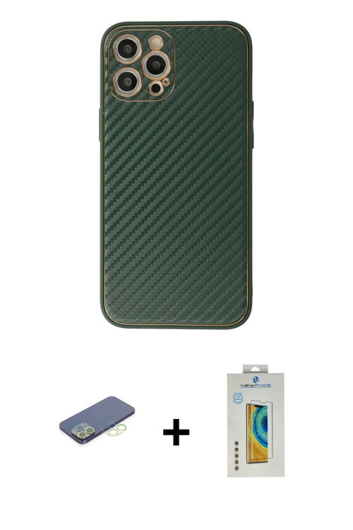 ieg™ iPhone 12 Pro Max Kılıf Ahenk Işık - Siyah Polymer Nano Ekran Koruyucu + Yeşil Renkli Kamera Le