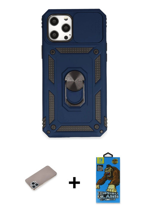 ieg™ iPhone 12 Pro Max Kılıf Ahenk Klasik - Siyah 18D Cam Ekran Koruyucu + Sierra Blue Shine Kamera