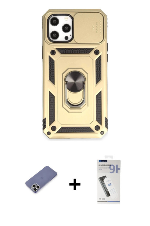 ieg™ iPhone 12 Pro Max Kılıf Ahenk Klasik - Şeffaf Uv Polymer Nano Ekran Koruyucu + Gold Metal Kamer