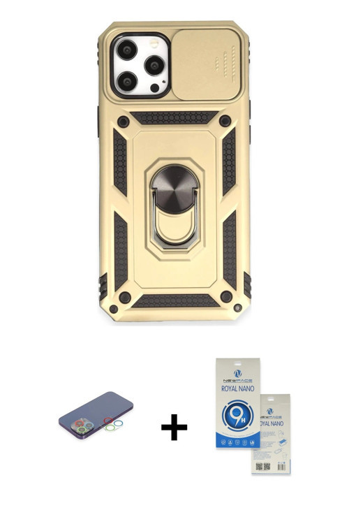 ieg™ iPhone 12 Pro Max Kılıf Ahenk Klasik - Şeffaf Royal Nano Ekran Koruyucu + Mavi Renkli Kamera Le