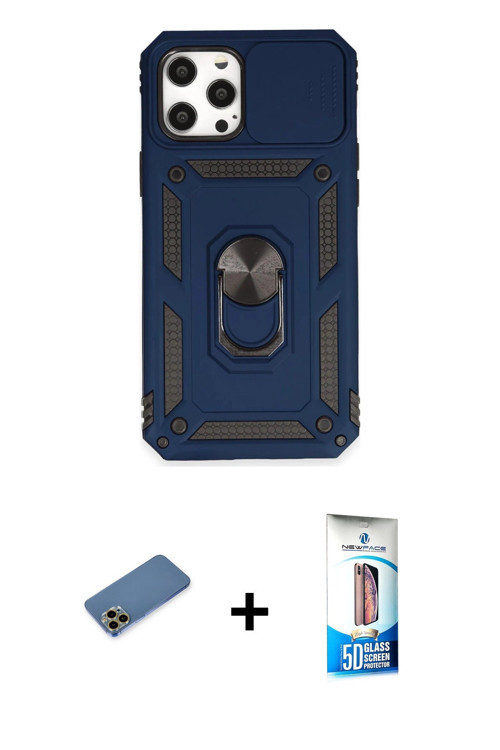 ieg™ iPhone 12 Pro Max Kılıf Ahenk Klasik - Siyah 5D Eko Cam Ekran Koruyucu + Gold Shine Kamera Lens